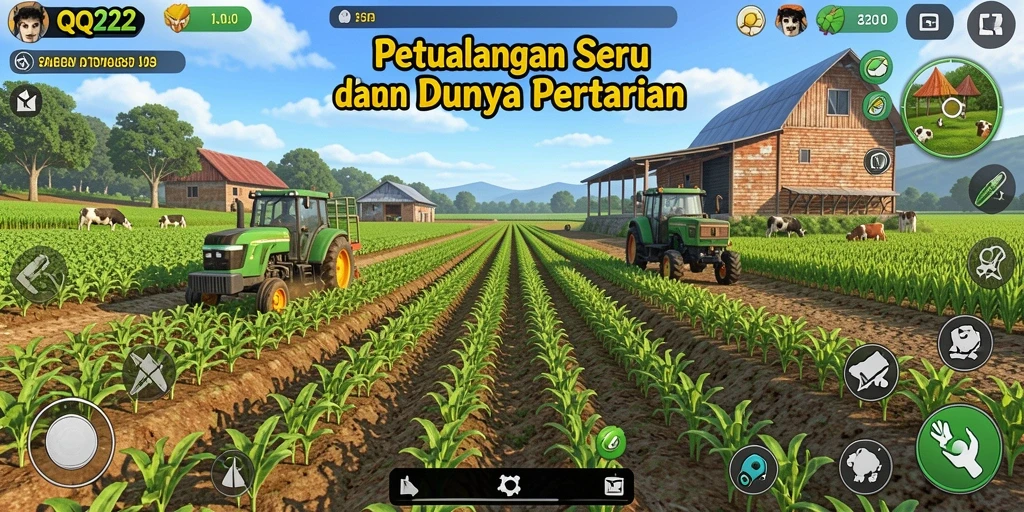 Tangkapan layar gameplay QQ222 menampilkan ladang yang rimbun dan beragam aktivitas pertanian.