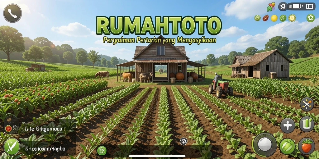 Tangkapan layar utama RUMAHTOTO menampilkan gameplay pertanian yang dinamis.